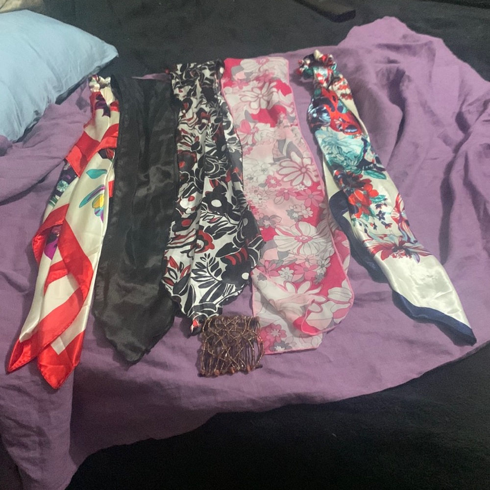 2 long  silk scarf scrunchies bought never worn and 3 head scarves and comb